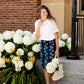 navy, yellow, and blue modest pencil midi skirts