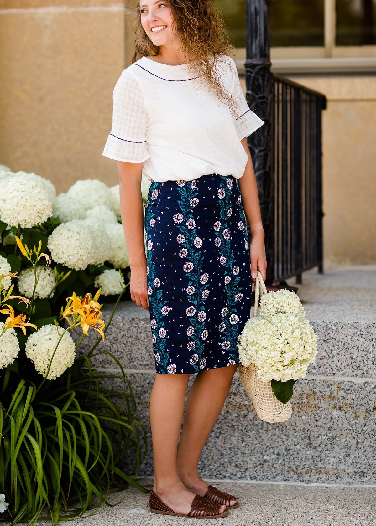 navy, yellow, and blue modest pencil midi skirts