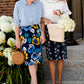 navy, yellow, and blue modest pencil midi skirts