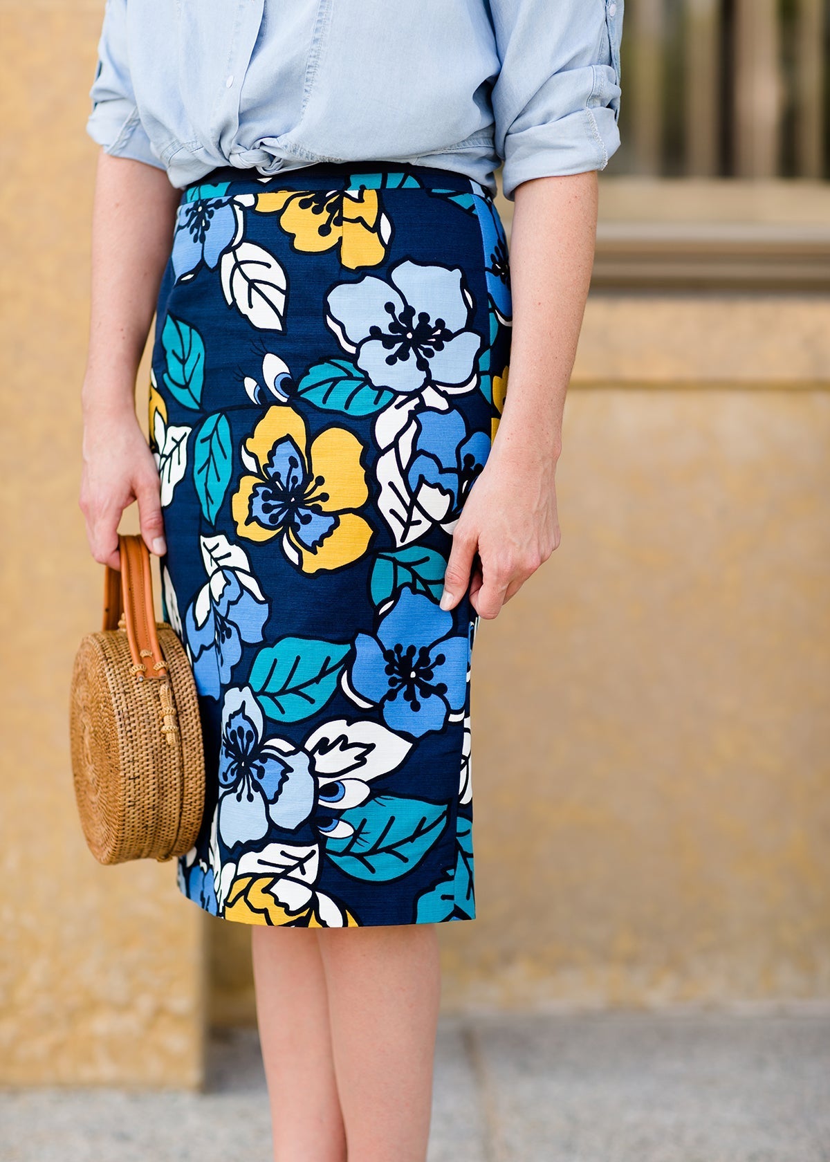 navy, yellow, and blue modest pencil midi skirts