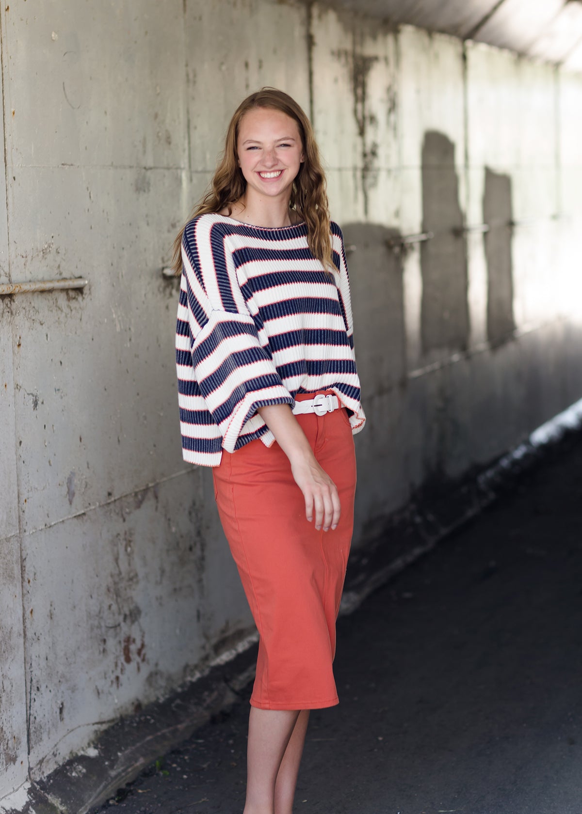 Burnt orange modest midi skirt