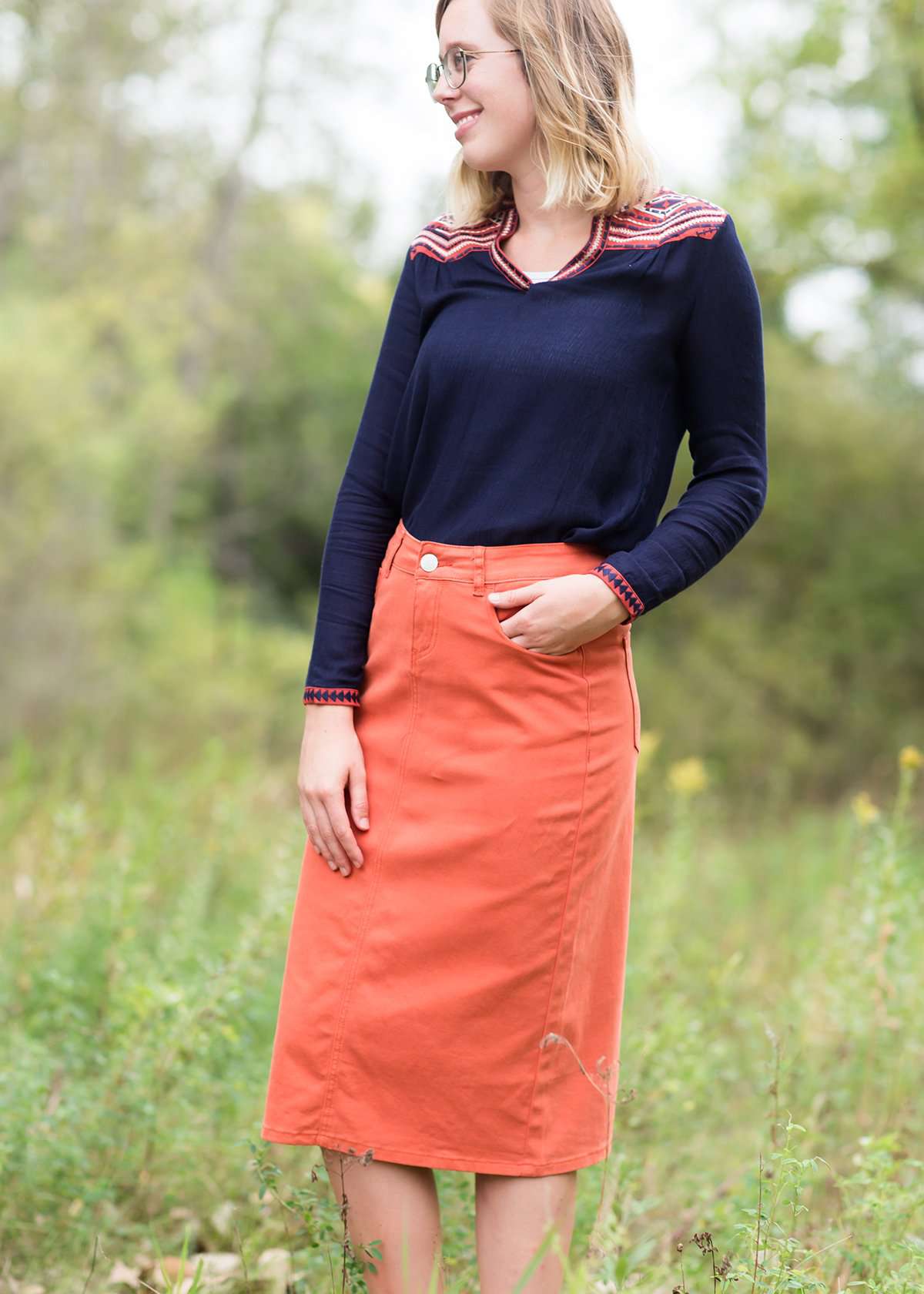 Burnt orange modest midi skirt