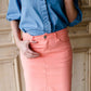 modest coral colored denim midi skirt
