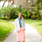 modest coral colored denim midi skirt