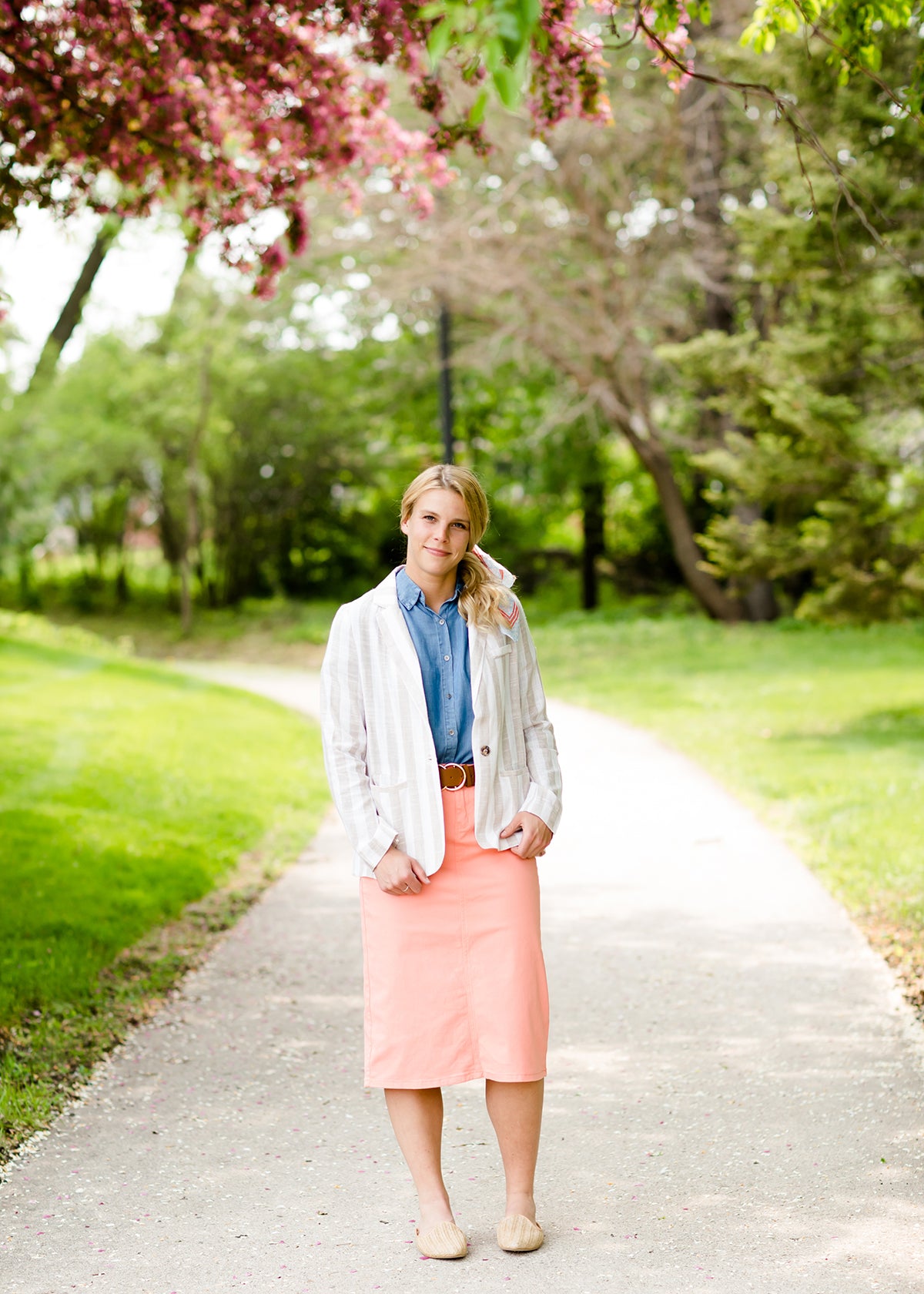 modest coral colored denim midi skirt