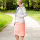 modest coral colored denim midi skirt