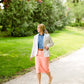modest coral colored denim midi skirt