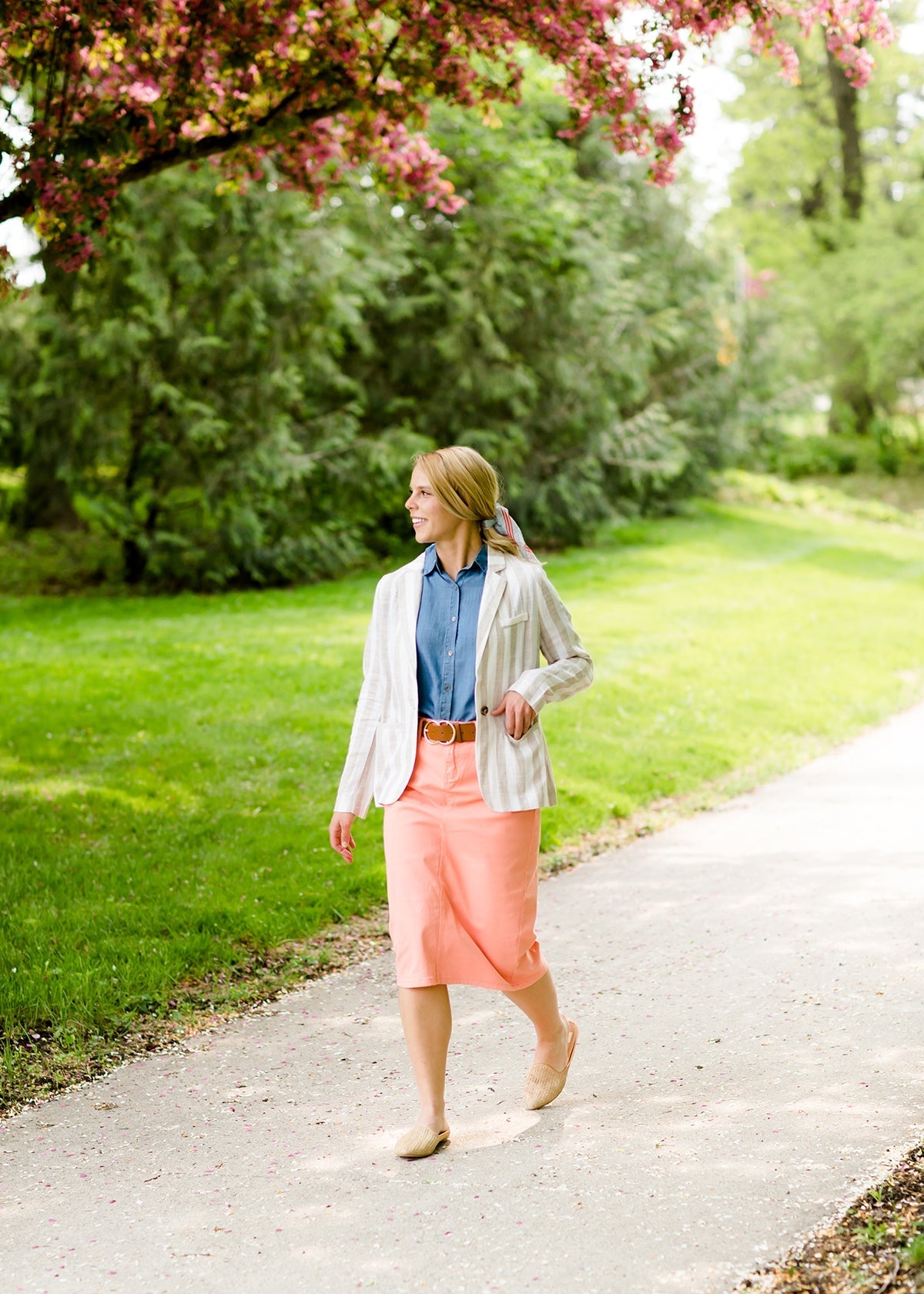 modest coral colored denim midi skirt