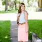 modest coral colored denim midi skirt