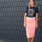modest coral colored denim midi skirt