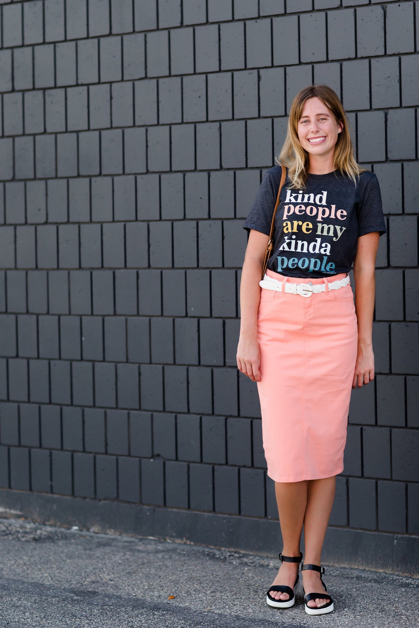 modest coral colored denim midi skirt