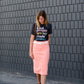 modest coral colored denim midi skirt
