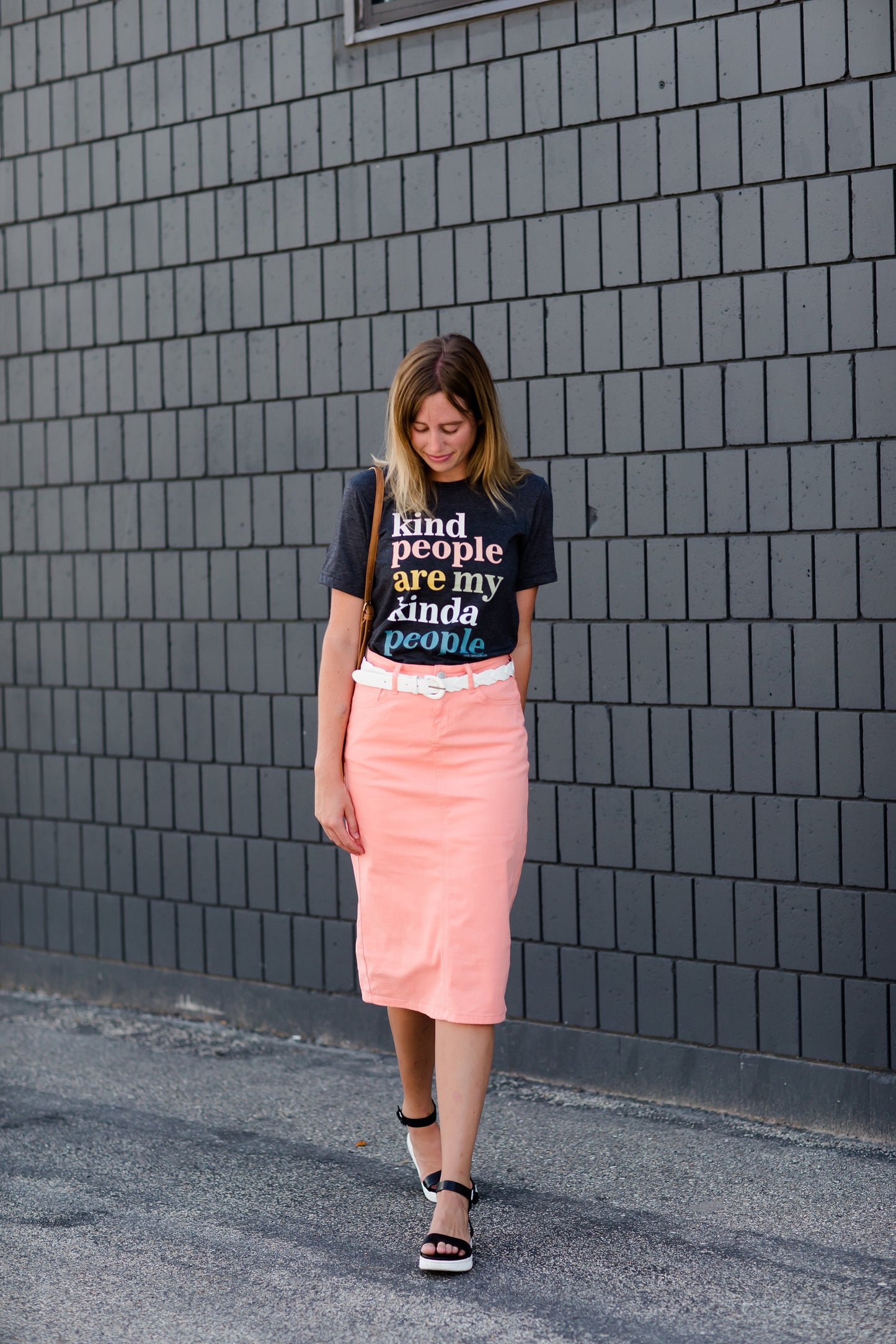 modest coral colored denim midi skirt