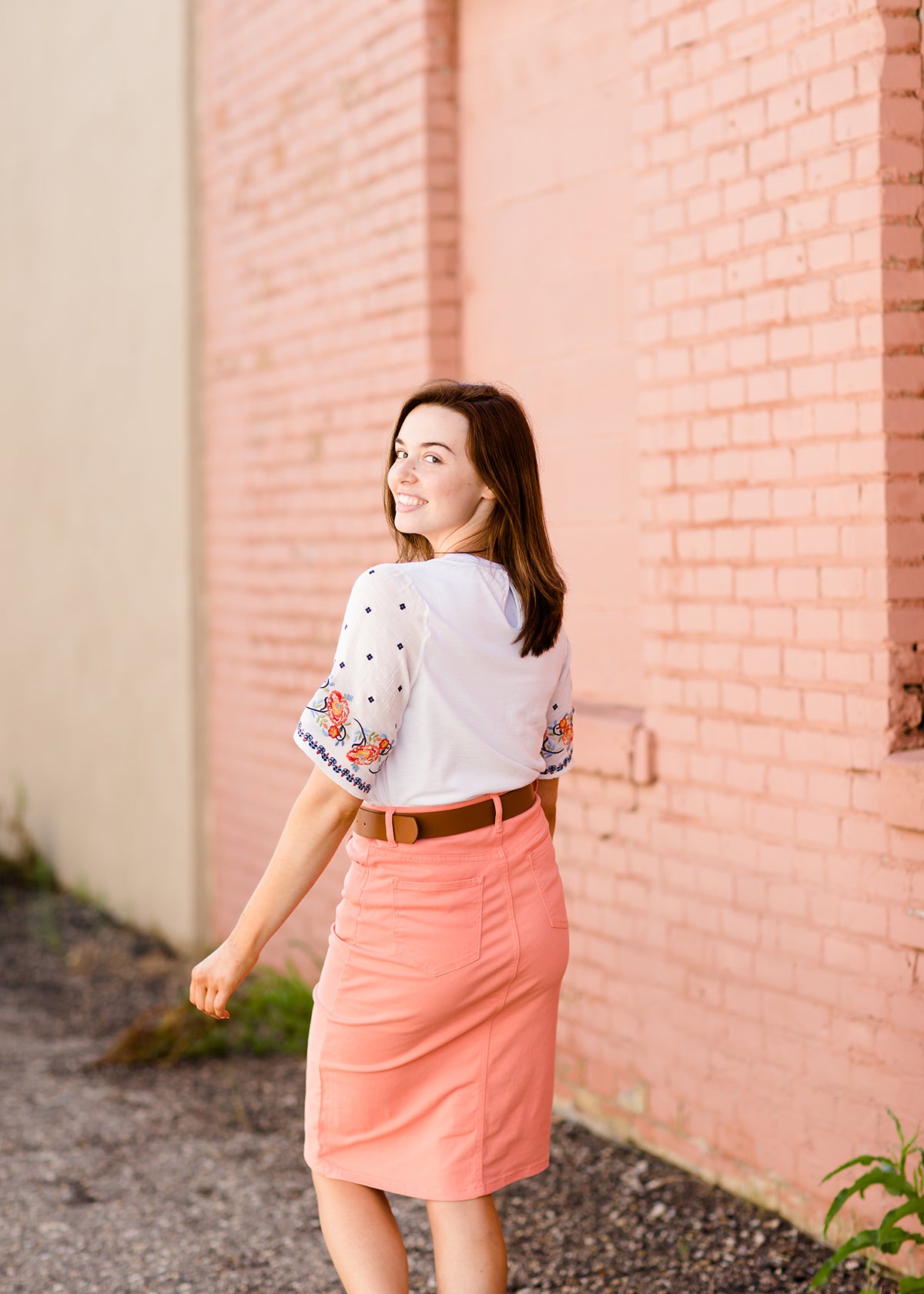 modest coral colored denim midi skirt