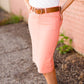 modest coral colored denim midi skirt
