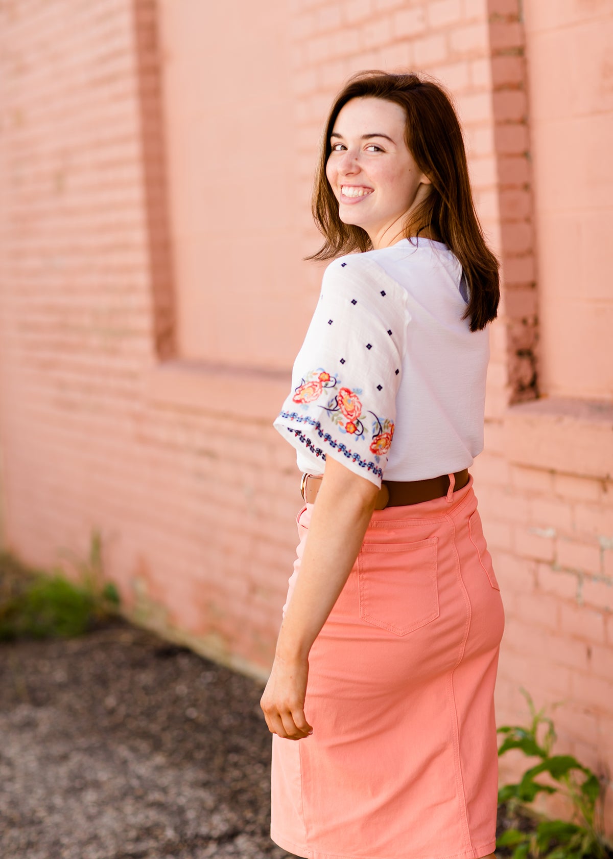 modest coral colored denim midi skirt