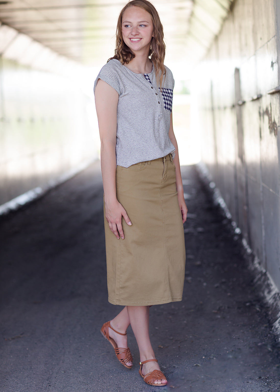 women's dark khaki midi jean skirt