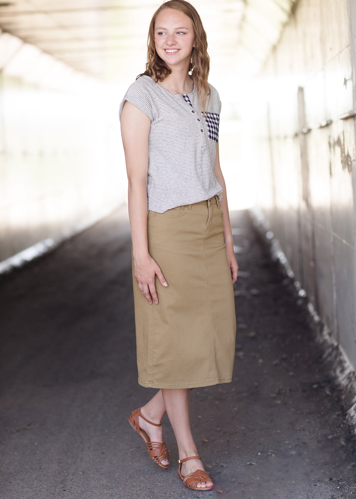 women's dark khaki midi jean skirt