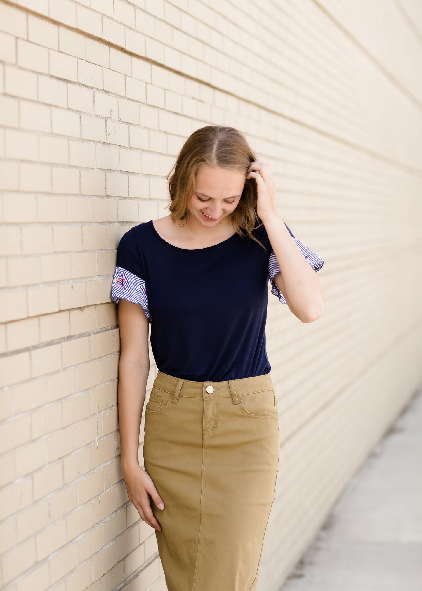 women's dark khaki midi jean skirt