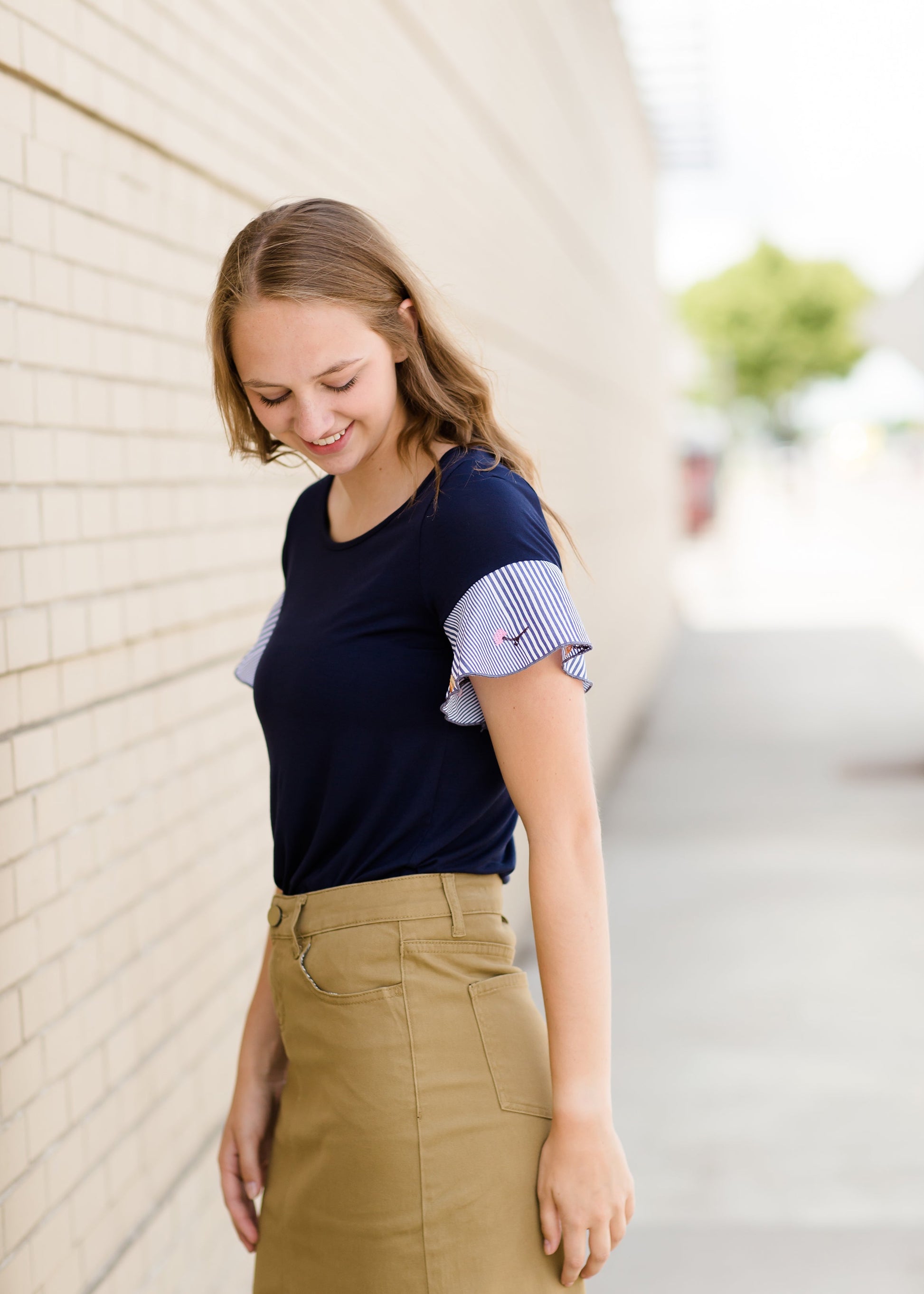 women's dark khaki midi jean skirt