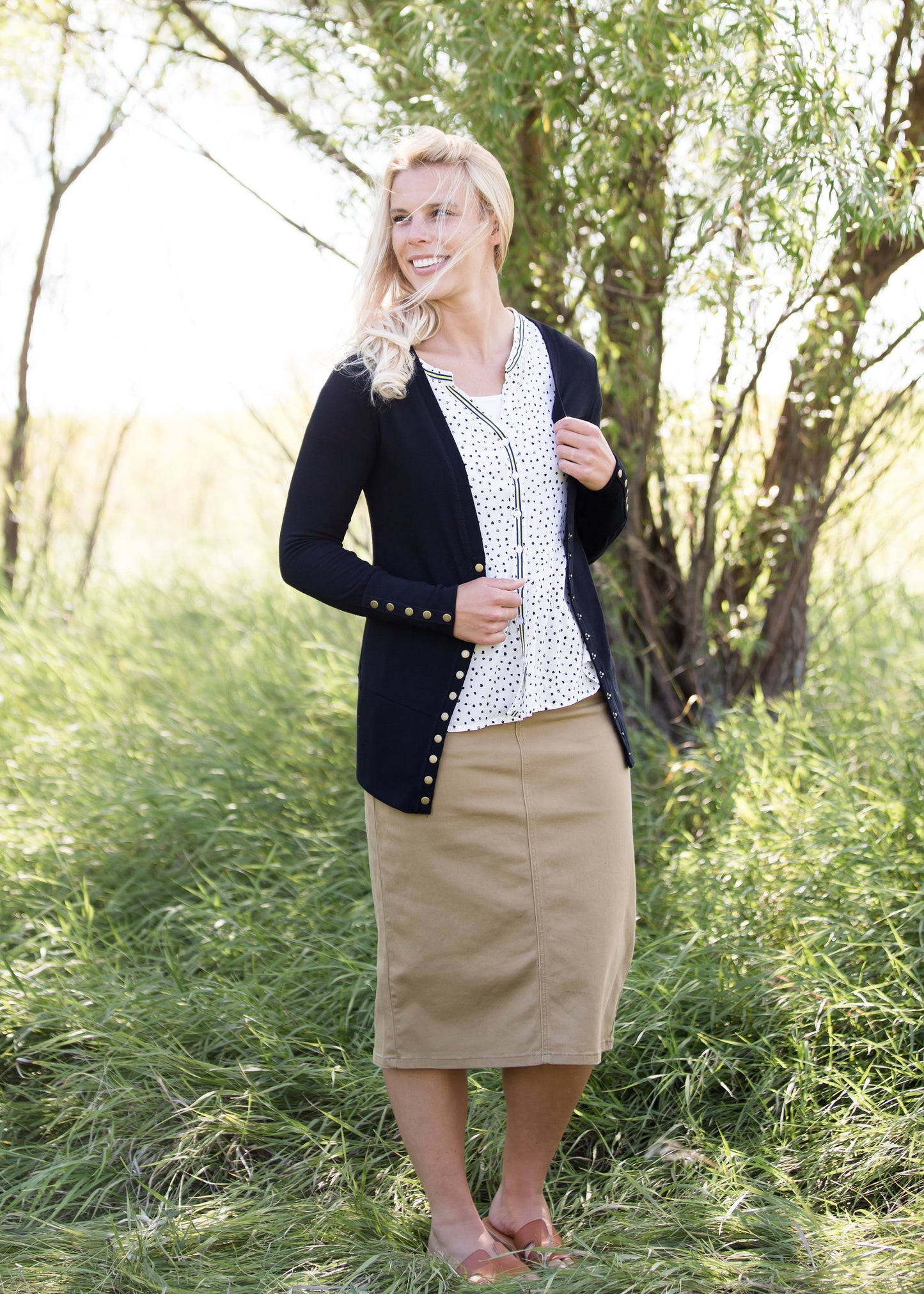 women's dark khaki midi jean skirt