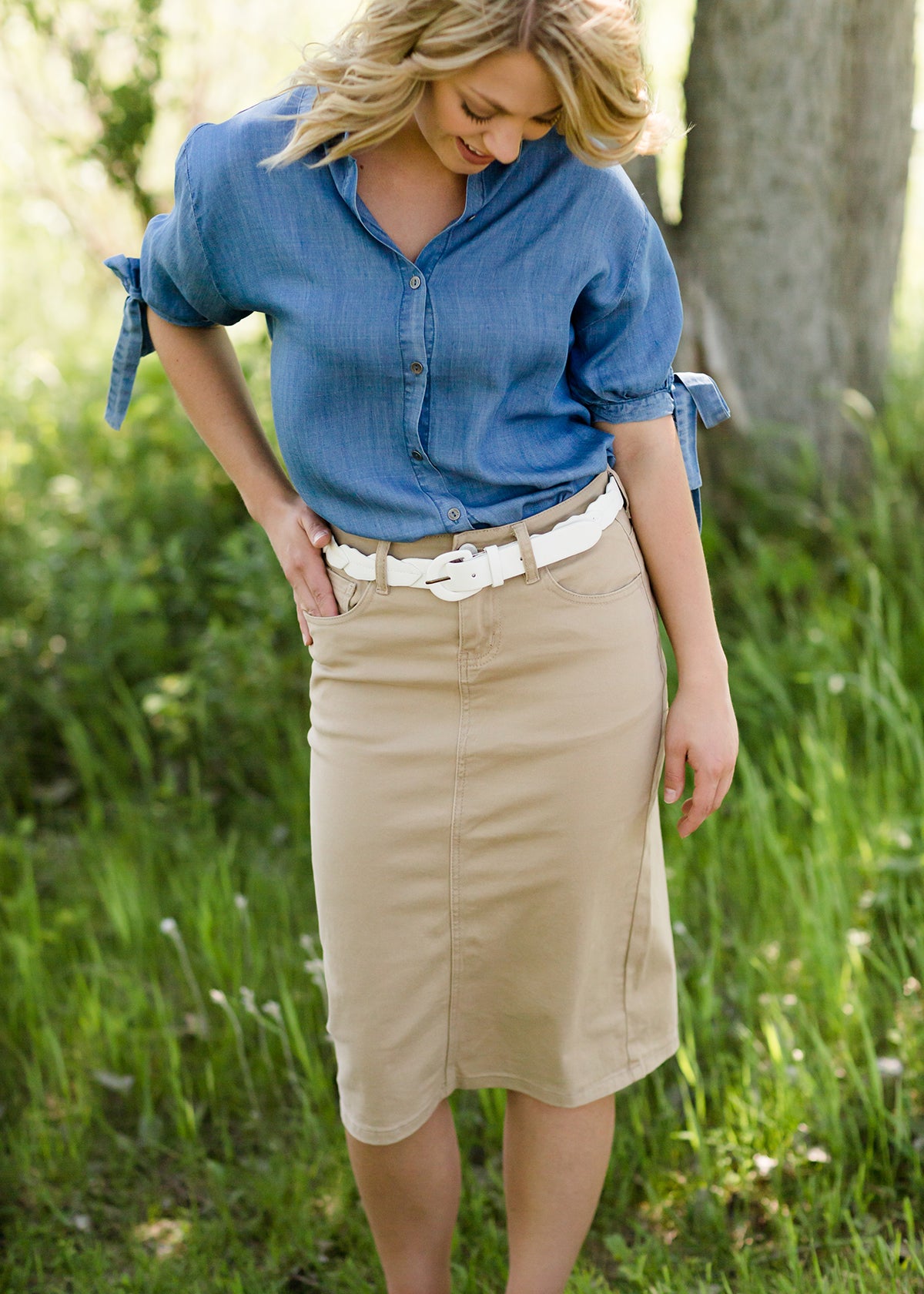 women's light khaki midi jean skirt