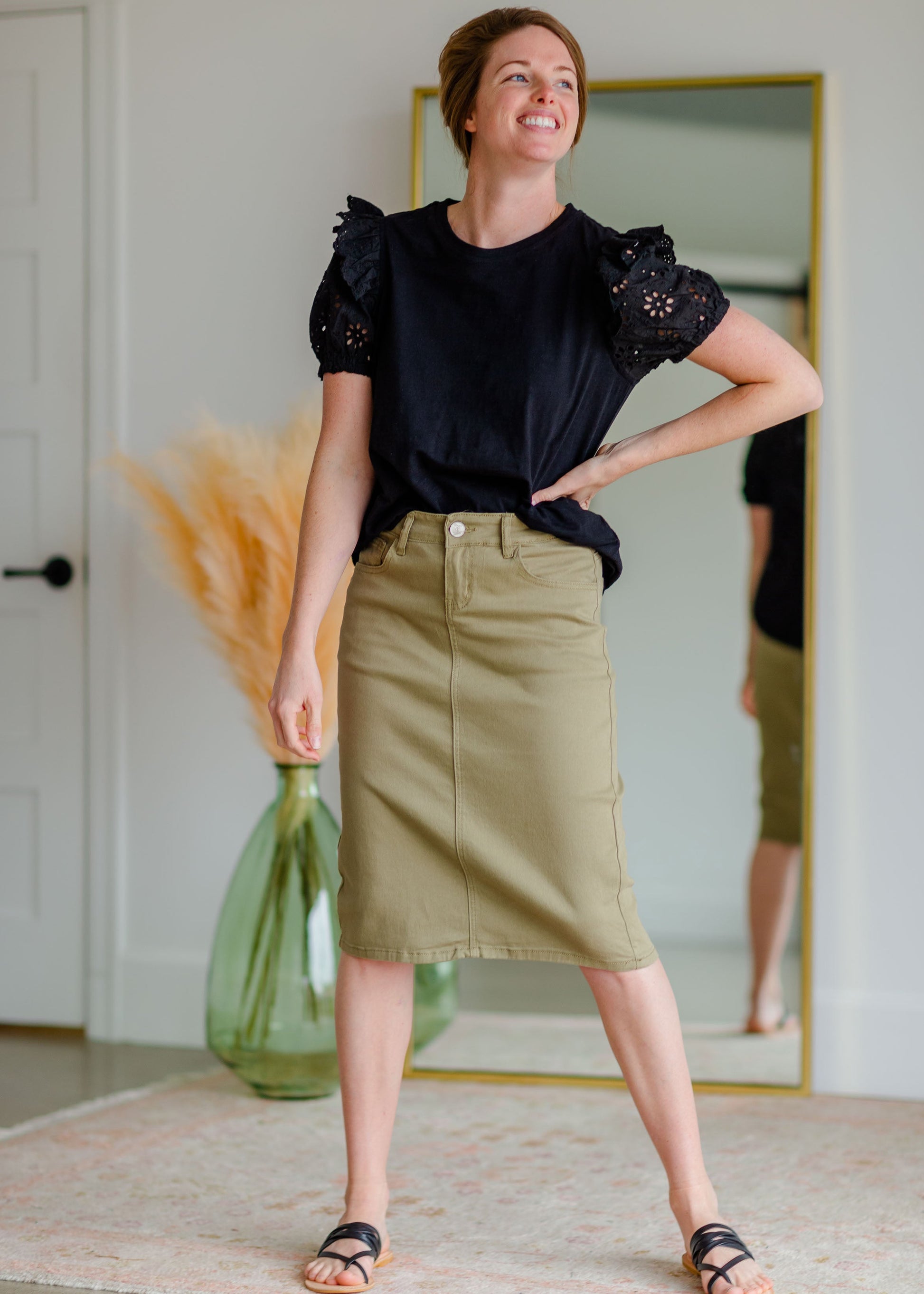 Remi Moss Olive Denim Midi Skirt Sheer Dent Beauty