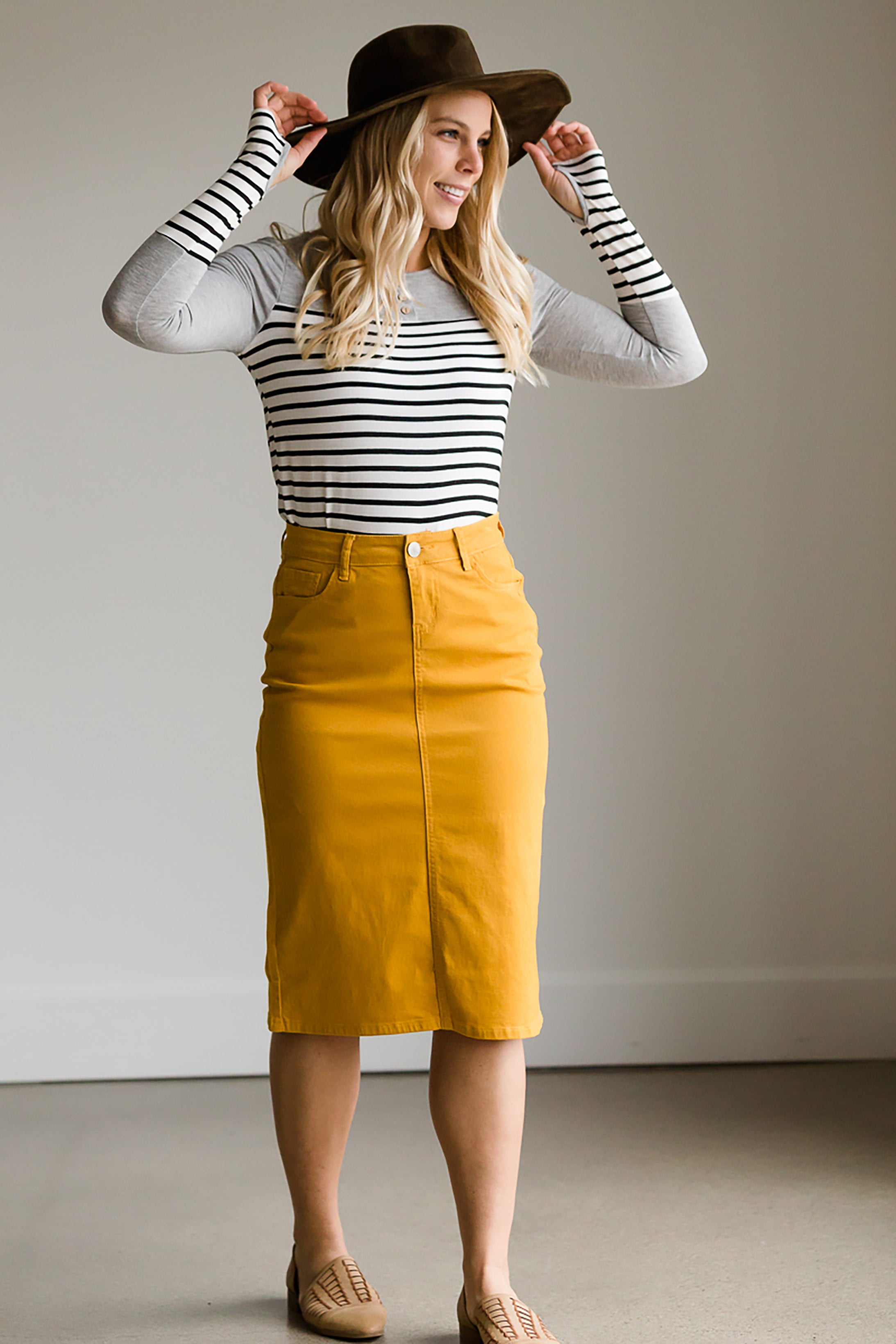 Modest Women's Remi Mustard Midi Skirt | Inherit Clothing Company ...