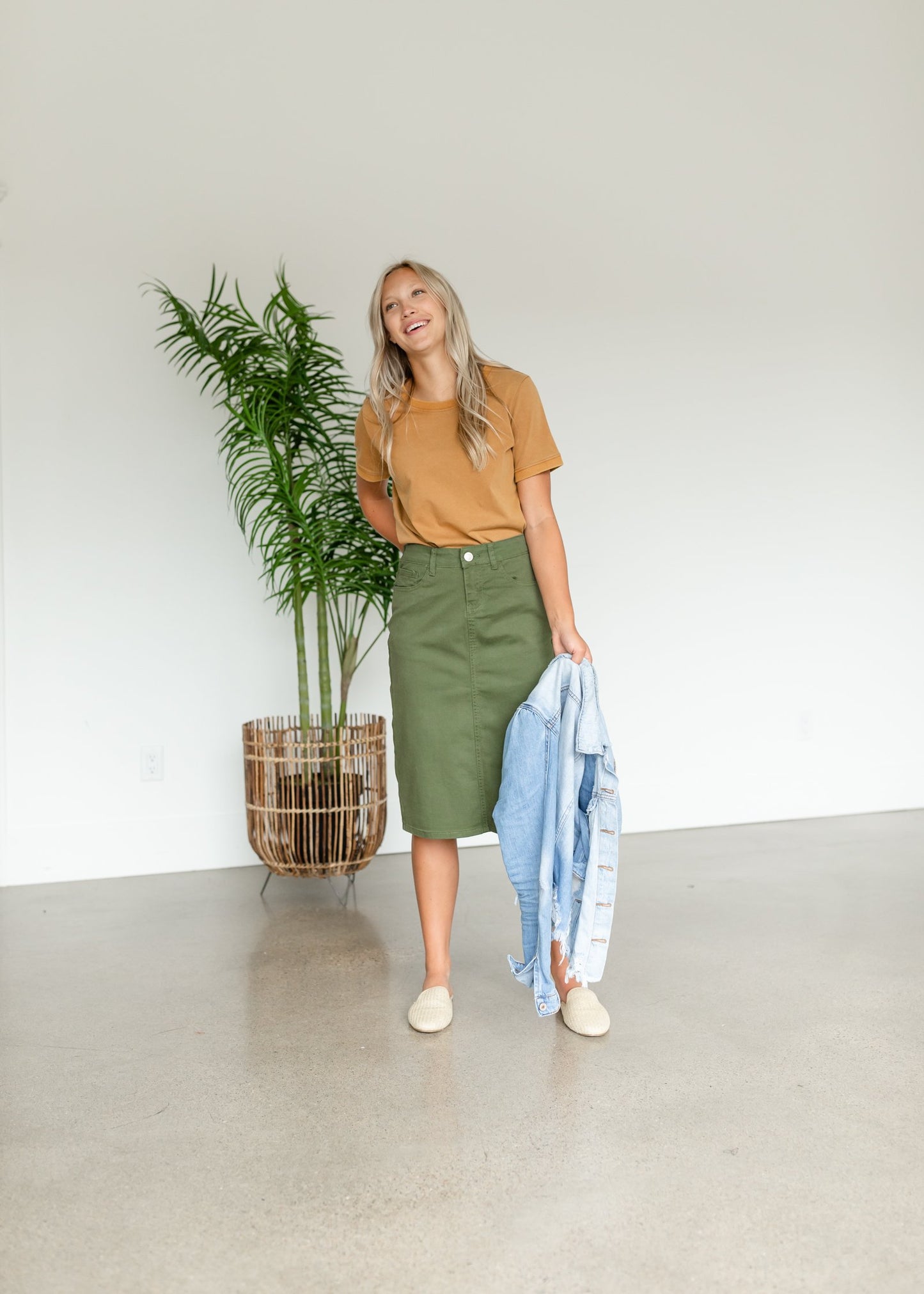 Remi Olive Green Denim Midi Skirt Skirts Inherit