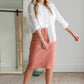 Remi Pink Clay Denim Midi Skirt Sheer Dent Beauty