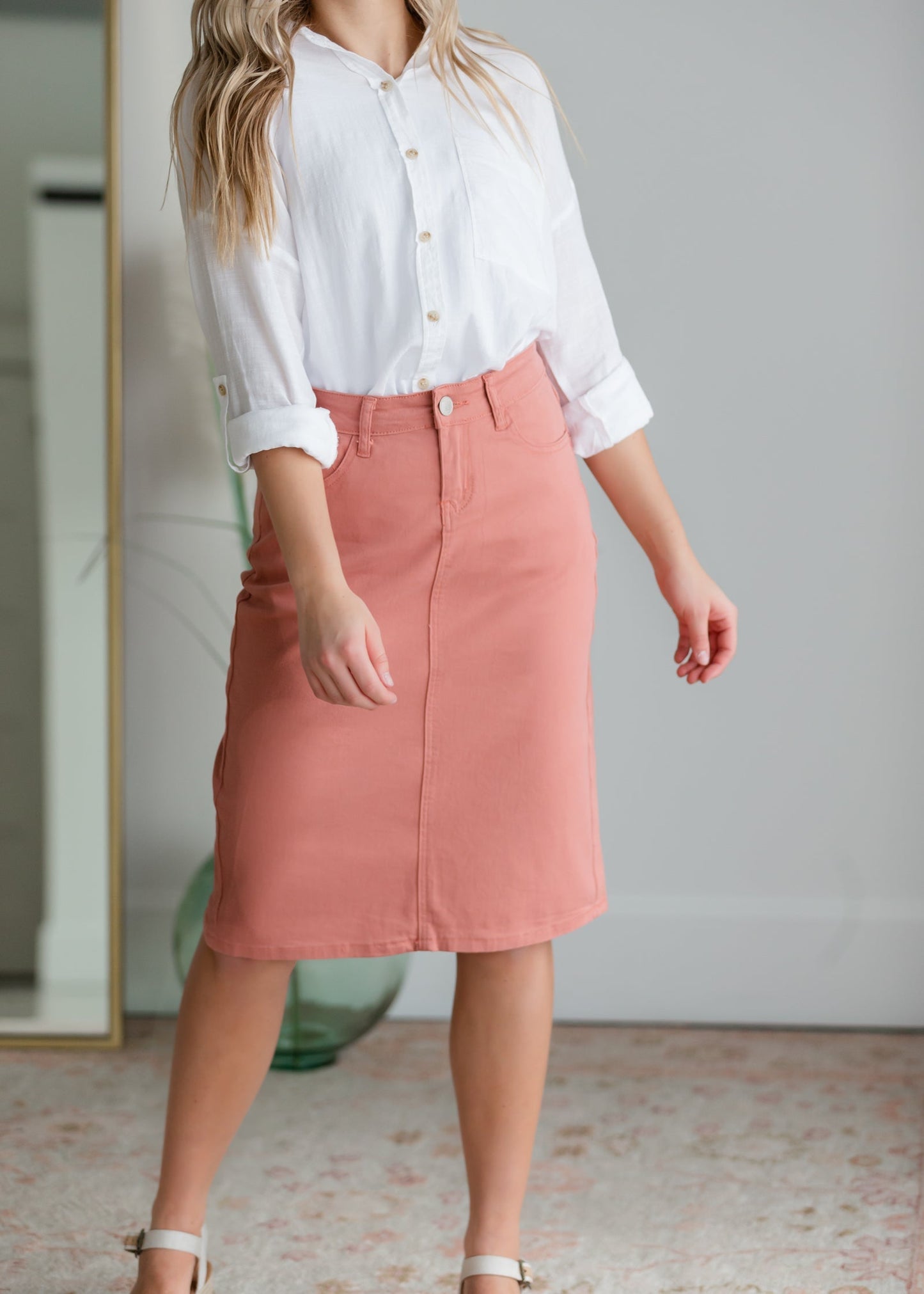 Remi Pink Clay Denim Midi Skirt Sheer Dent Beauty