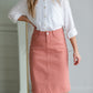 Remi Pink Clay Denim Midi Skirt Sheer Dent Beauty