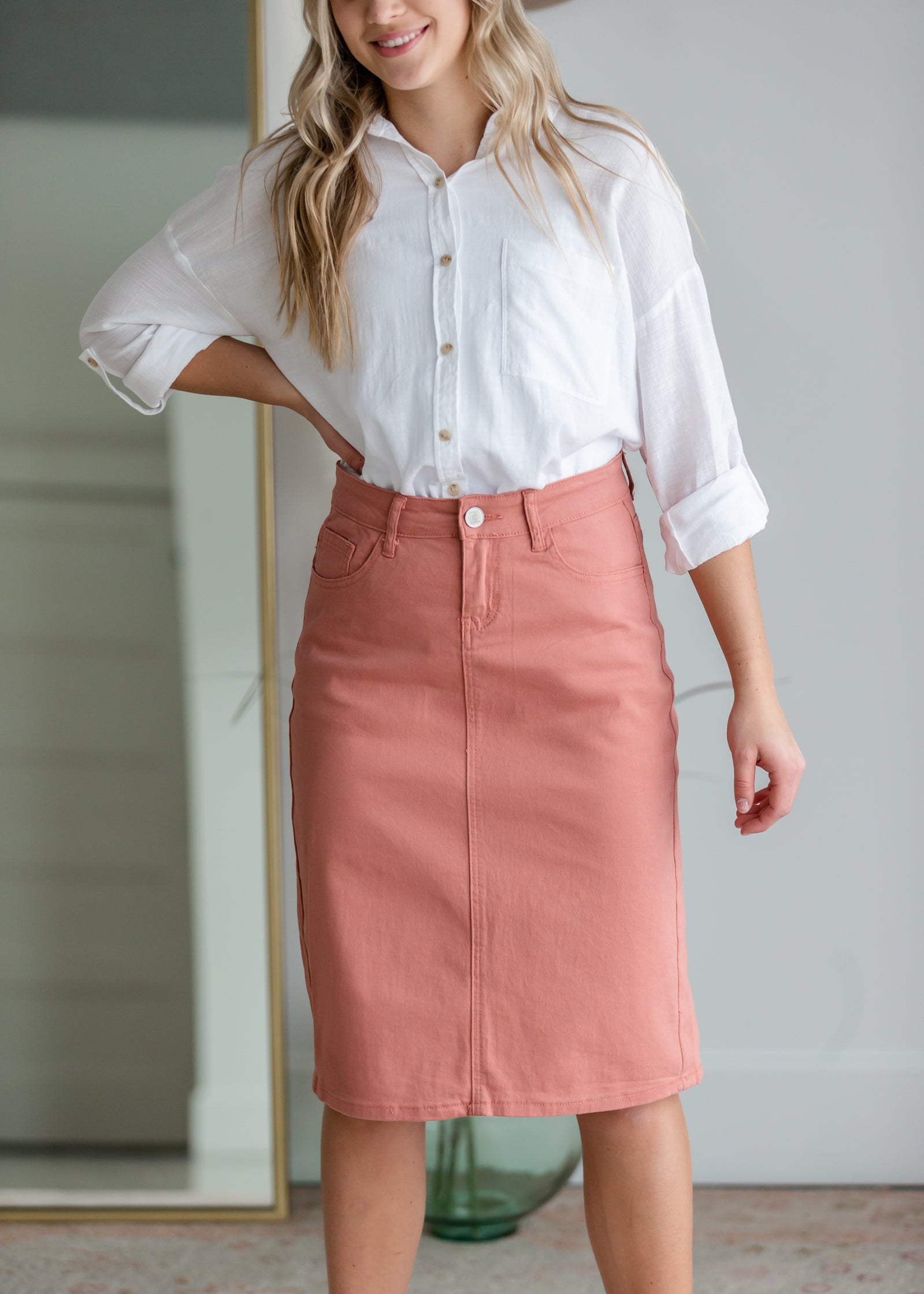Remi Pink Clay Denim Midi Skirt Sheer Dent Beauty