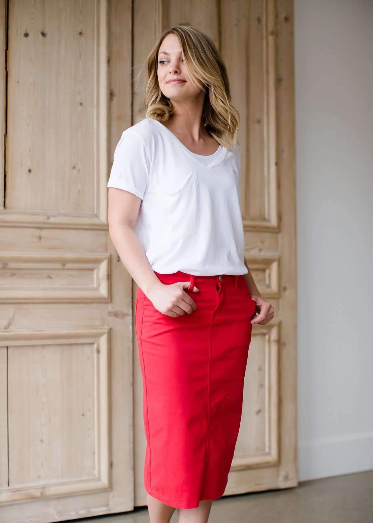 modest women's red midi denim jean skirt