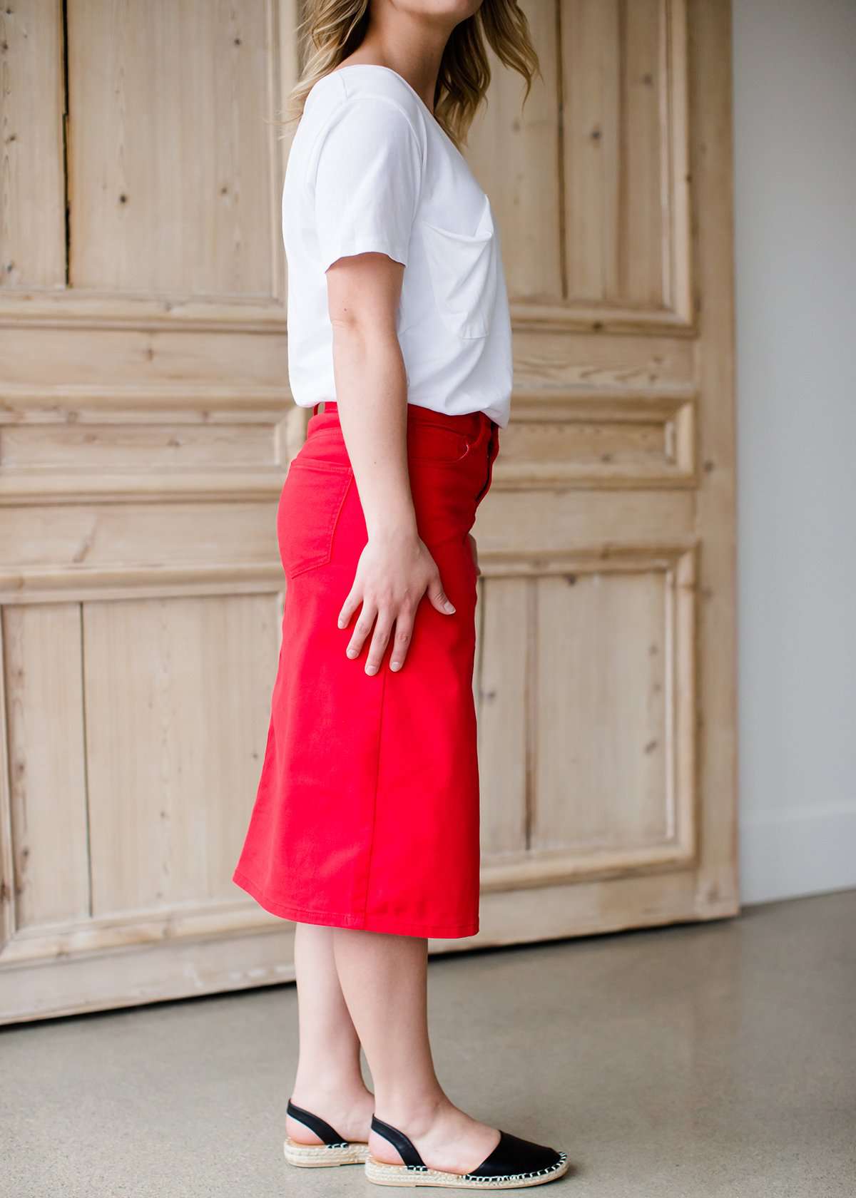 modest women's red midi denim jean skirt