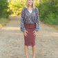 This Remi is a straight fit skirt that is a fan favorite Inherit Design. This rosewood color is gorgeous and will go with all the things. It comes in sizes 26" + 29" lengths with a slit in the back for walkability.