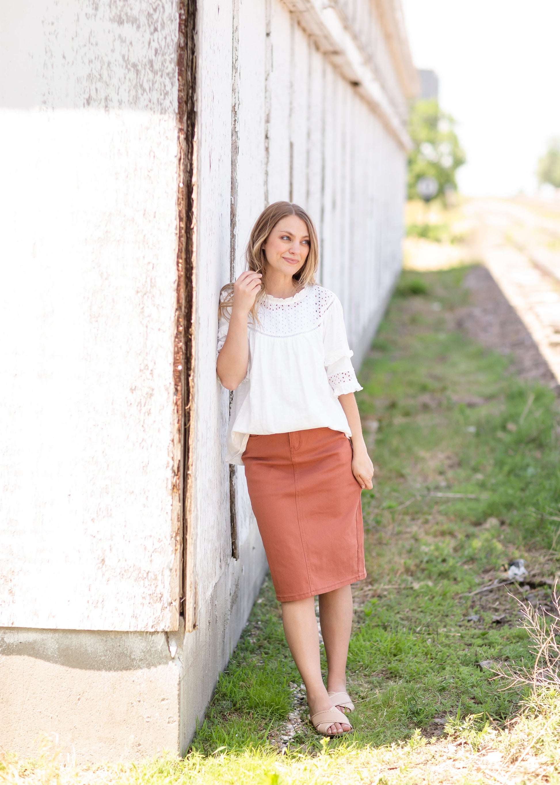 Remi Rusty Brick Denim Midi Skirt Skirts
