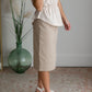 Remi Tawny Taupe Denim Midi Skirt Sheer Dent Beauty
