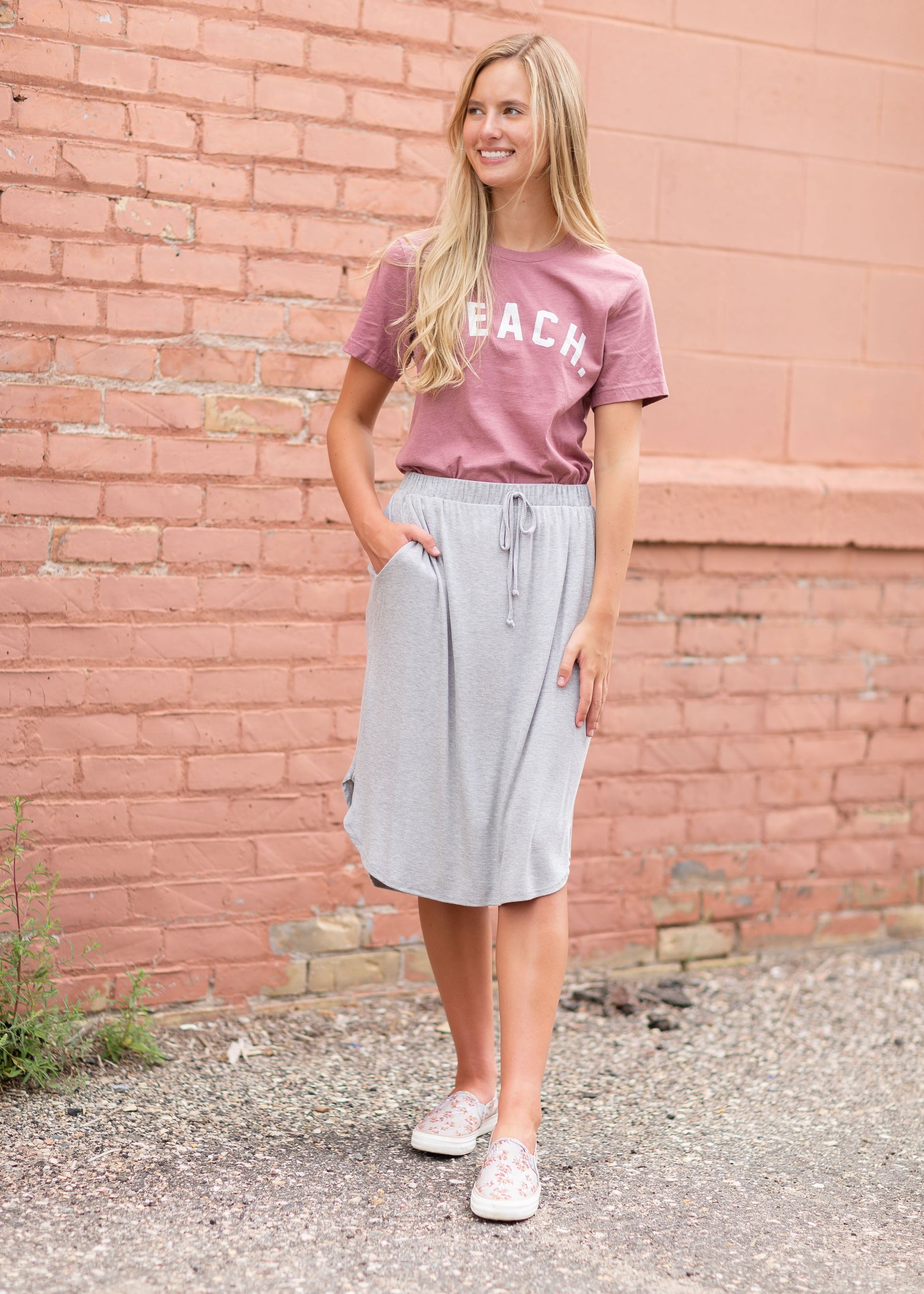 Ribbed Drawstring Midi Skirt Skirts Gray / S