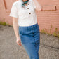 White modest v-neck button detail top