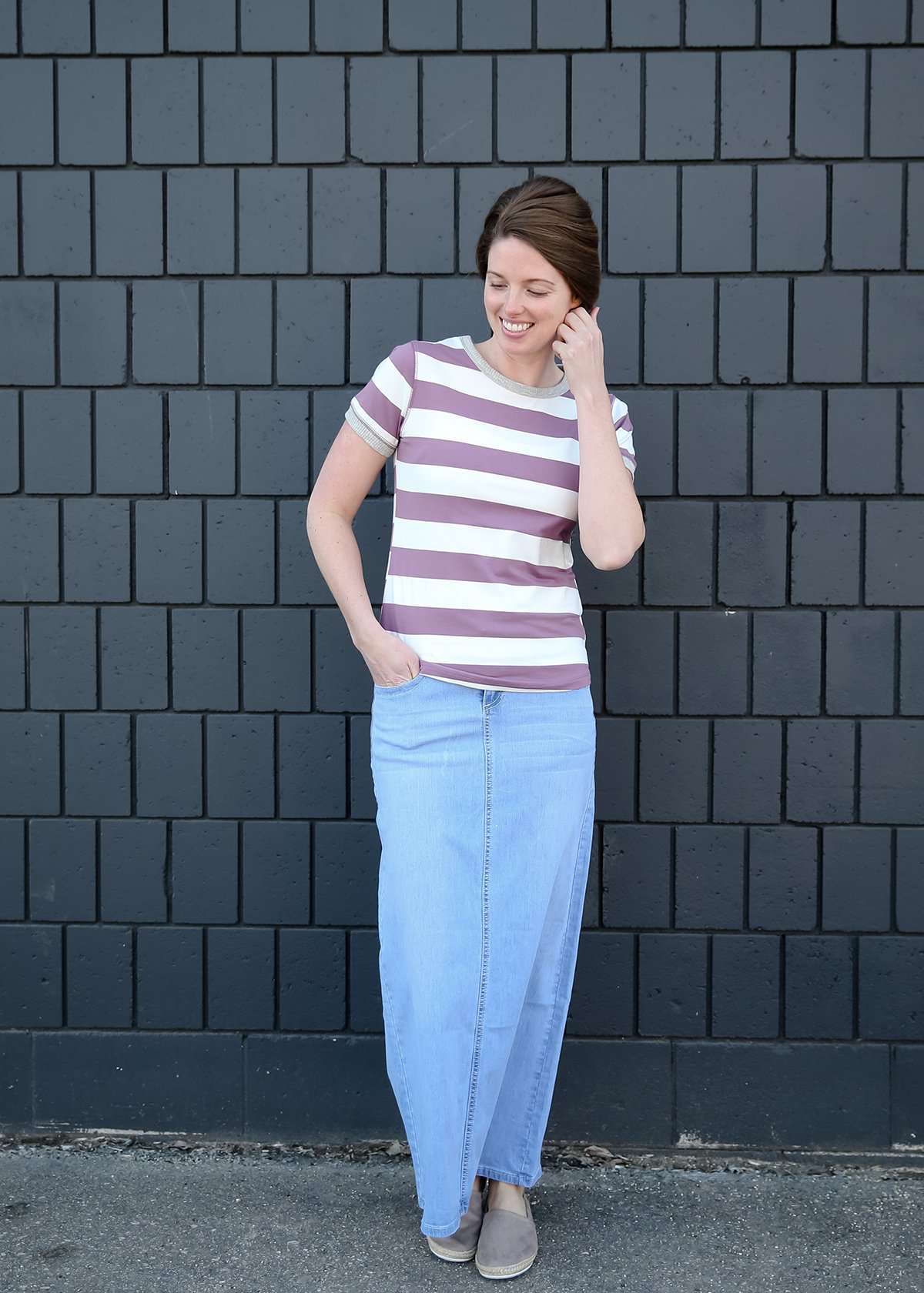 purple and white large stripe modest women's tee shirt