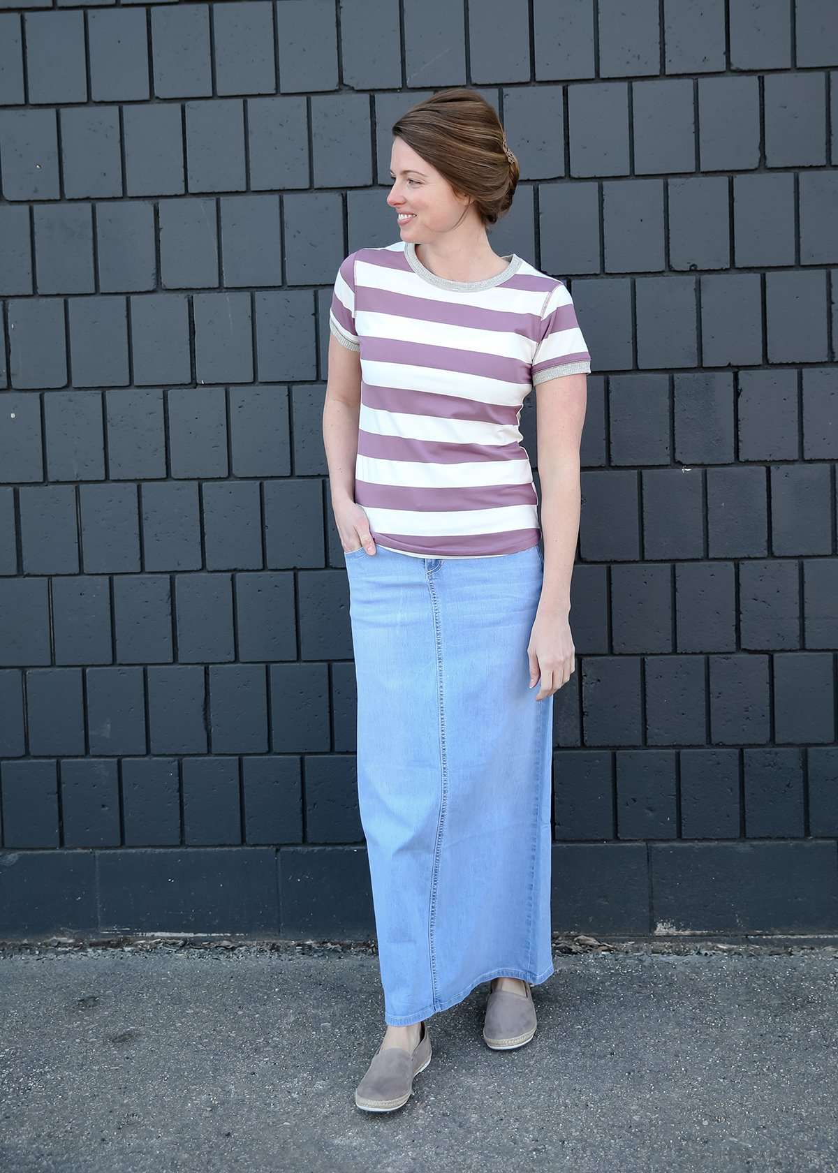 purple and white large stripe modest women's tee shirt