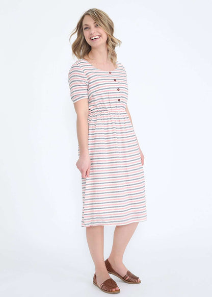 modest womens red and blue striped midi dress with pockets