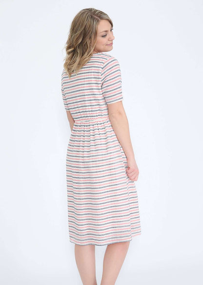 modest womens red and blue striped midi dress with pockets