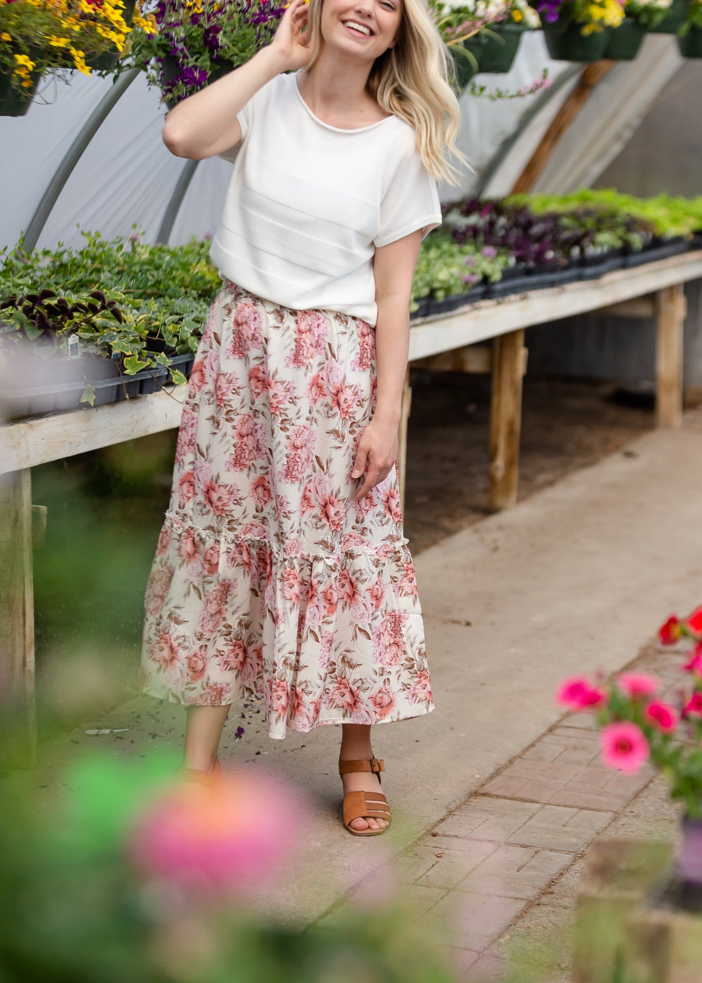 Rose Floral Elastic Waist Midi Skirt - FINAL SALE Skirts