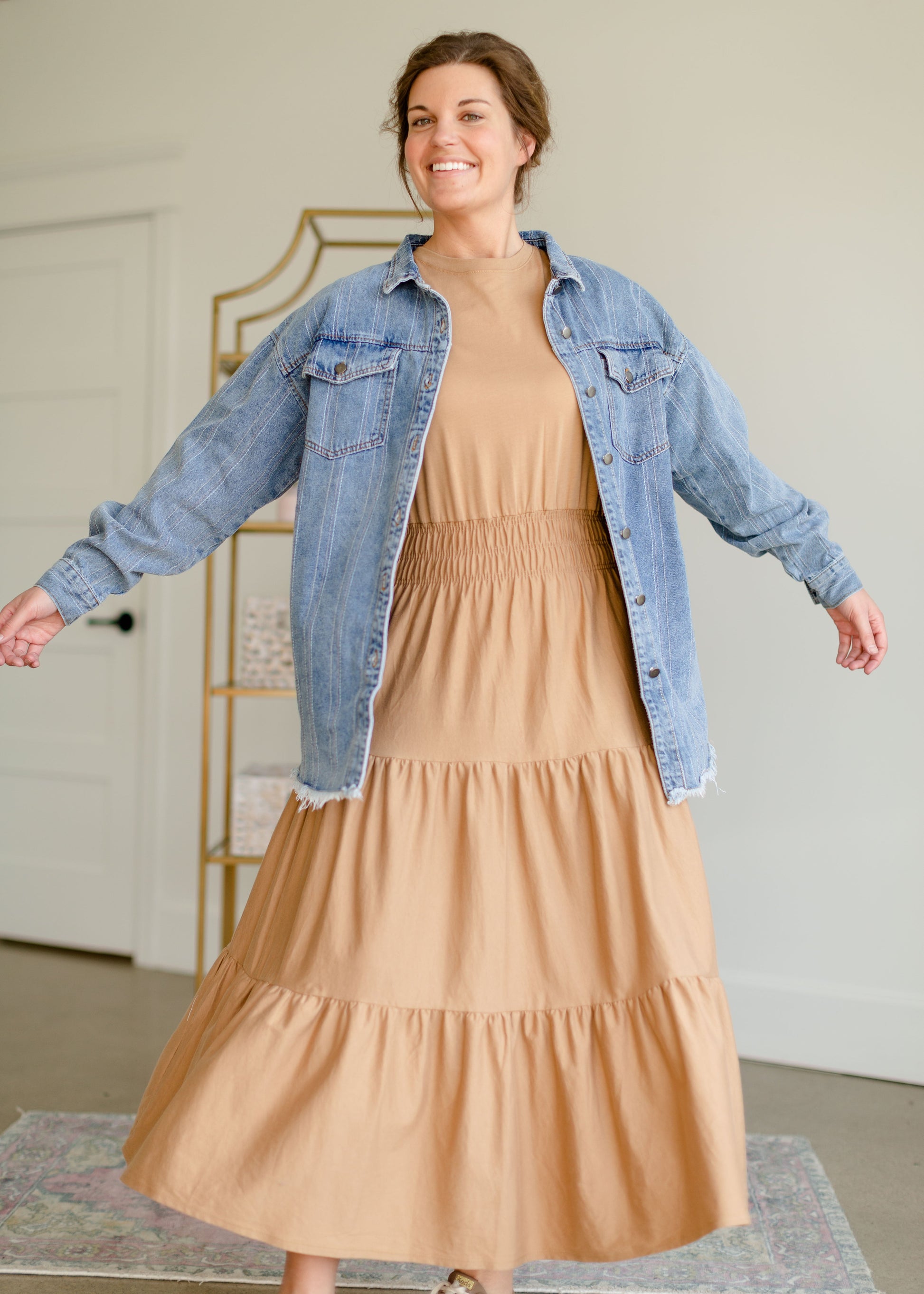 Round Neck Cuff Sleeve Smocked Waist Midi Dress Dresses Tres Bien