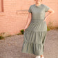 Round Neck Cuff Sleeve Smocked Waist Midi Dress - FINAL SALE Dresses