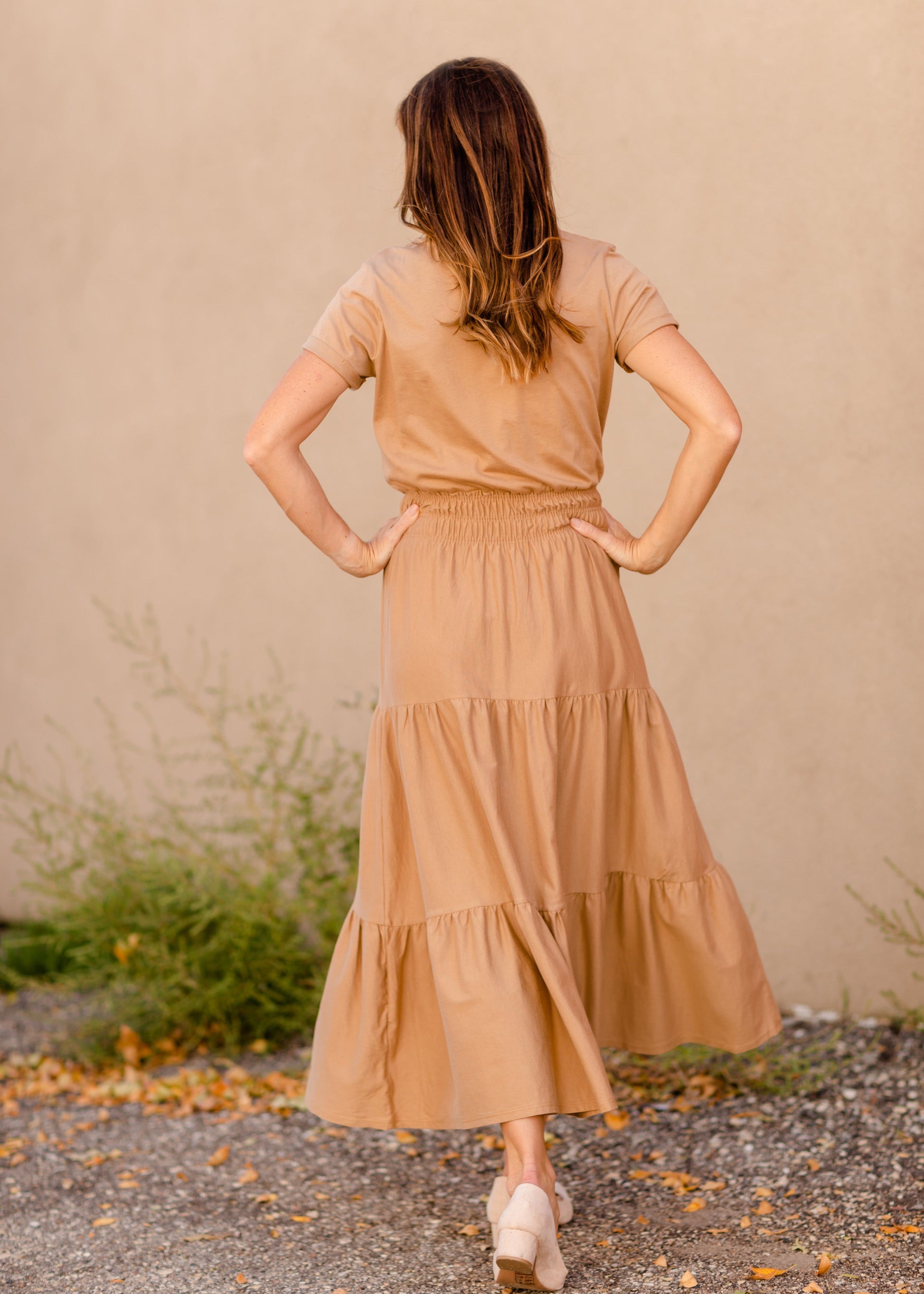 Round Neck Cuff Sleeve Smocked Waist Midi Dress - FINAL SALE Dresses