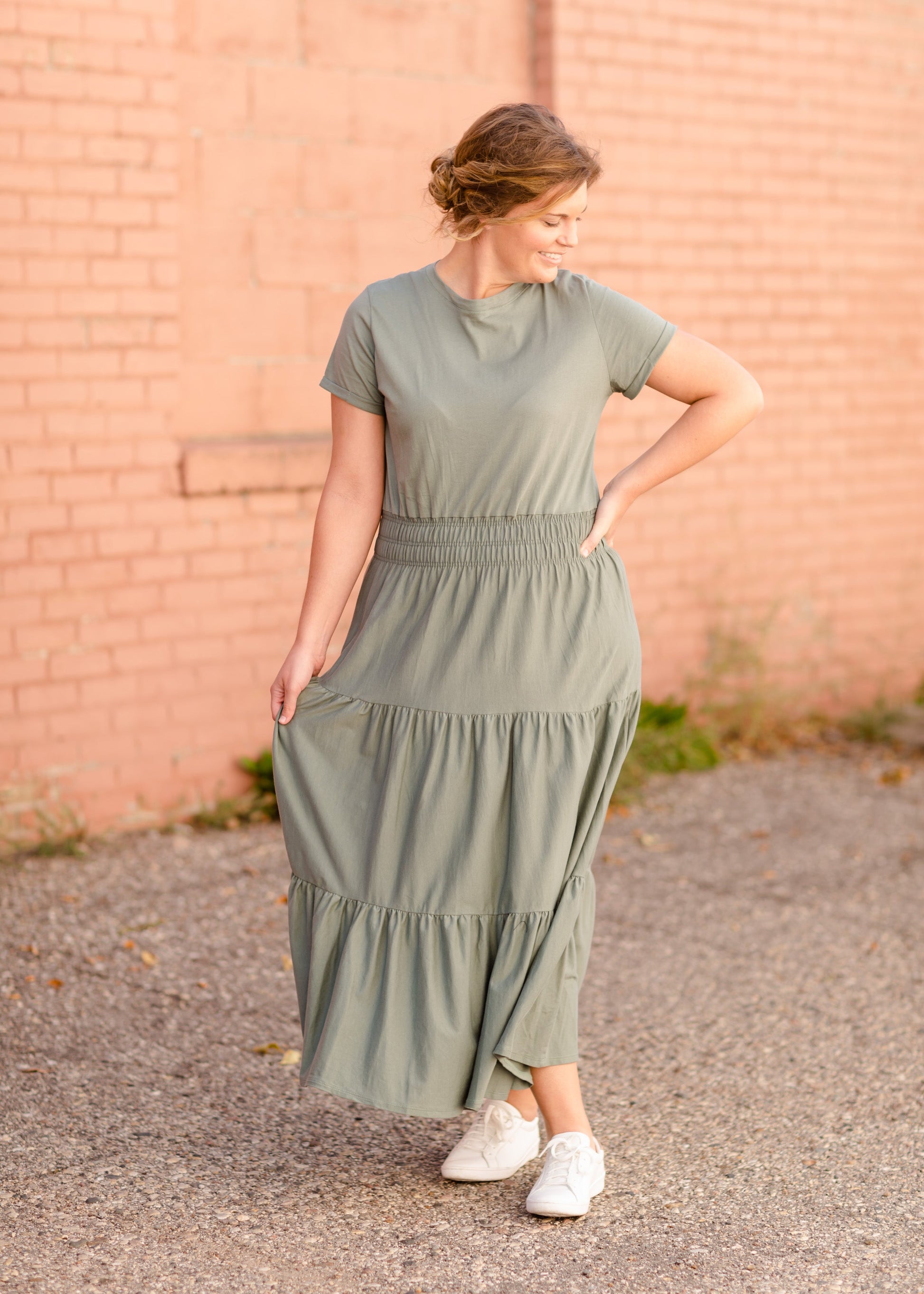 Round Neck Cuff Sleeve Smocked Waist Midi Dress - FINAL SALE Dresses Light Olive / S