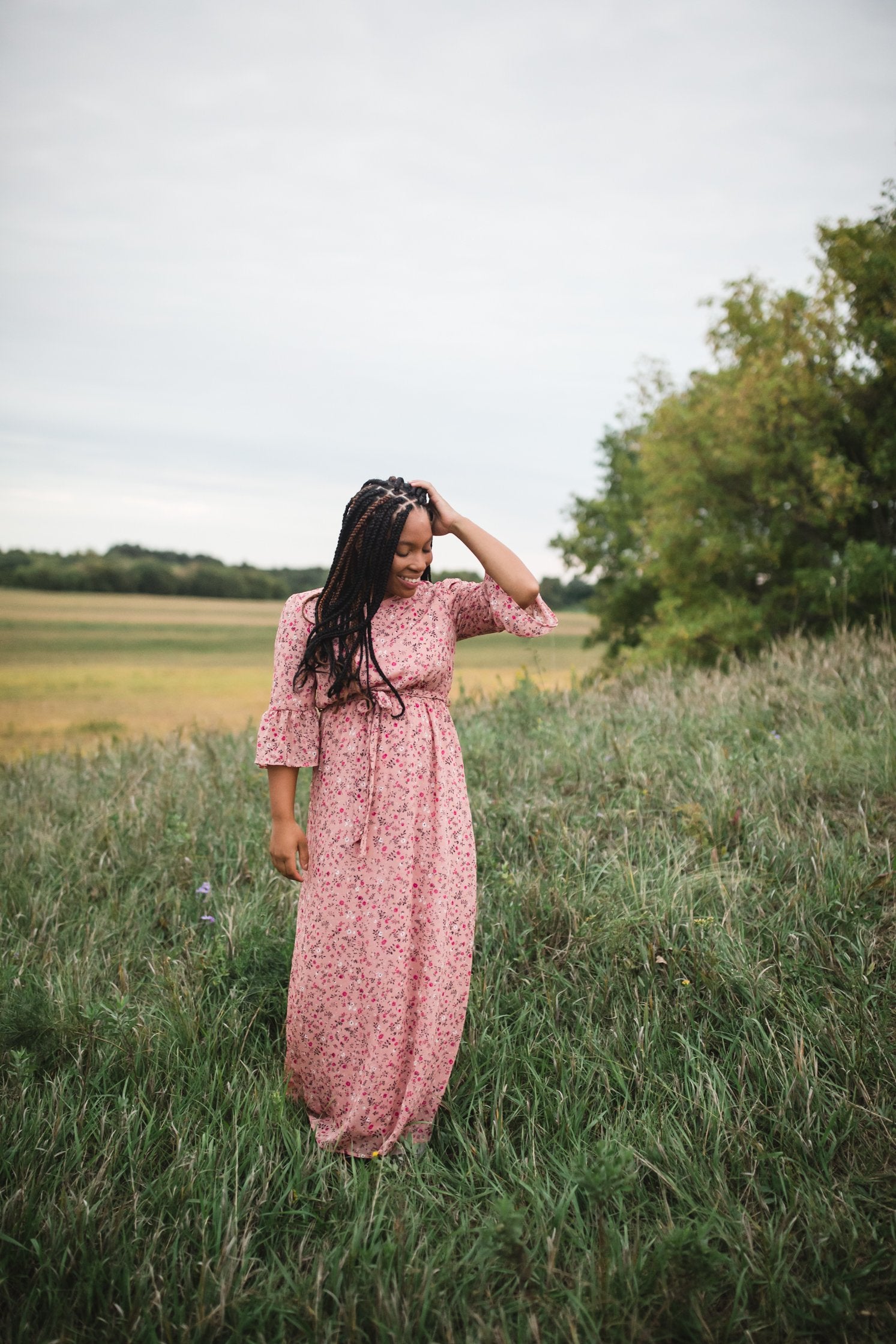 Ruby Blush Floral 3/4 Flounce Bell Sleeve Maxi Dress Dresses Inherit